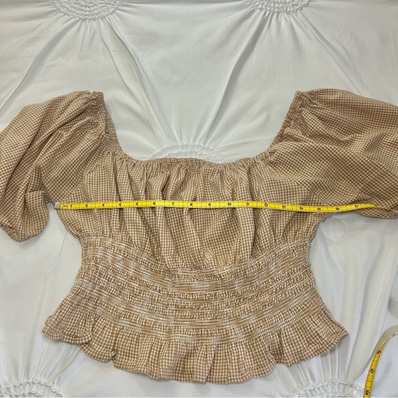 Japna Tan Check Puff Sleeve Elastic Waist Praire Cottagecore Off Shoulder Top L - Picture 9 of 14